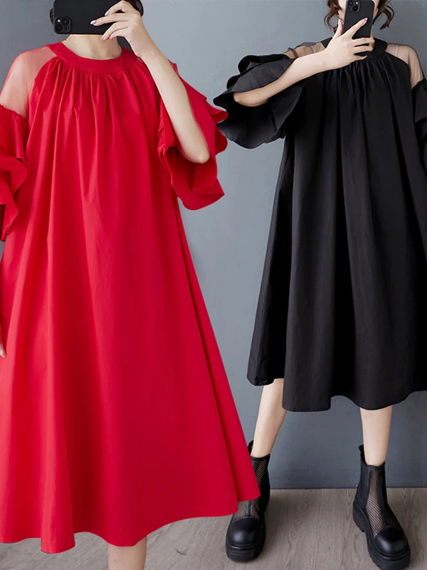 Tannt Frauen Kleid Asymmetrische Mesh Patchwork Aushöhlen Casual Kleider Für Frauen Unregelmäßige Lose Sommer Kleider 2023 Neue