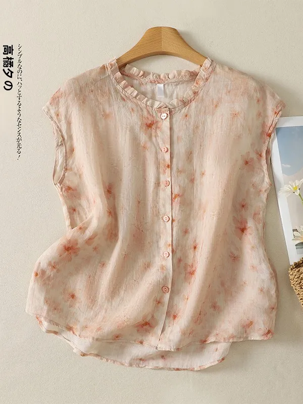 Artistic Pink Floral Print Cotton Linen Sleeveless Shirt Women Summer Thin Earlet Collar Anti-Aging Slimming Top