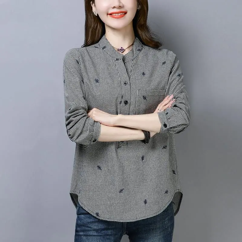 Spring and Summer Women\'s Plaid Shirt Long-sleeved Korean Version Loose Standing Collar Single Breasted Fashion Casual Commute