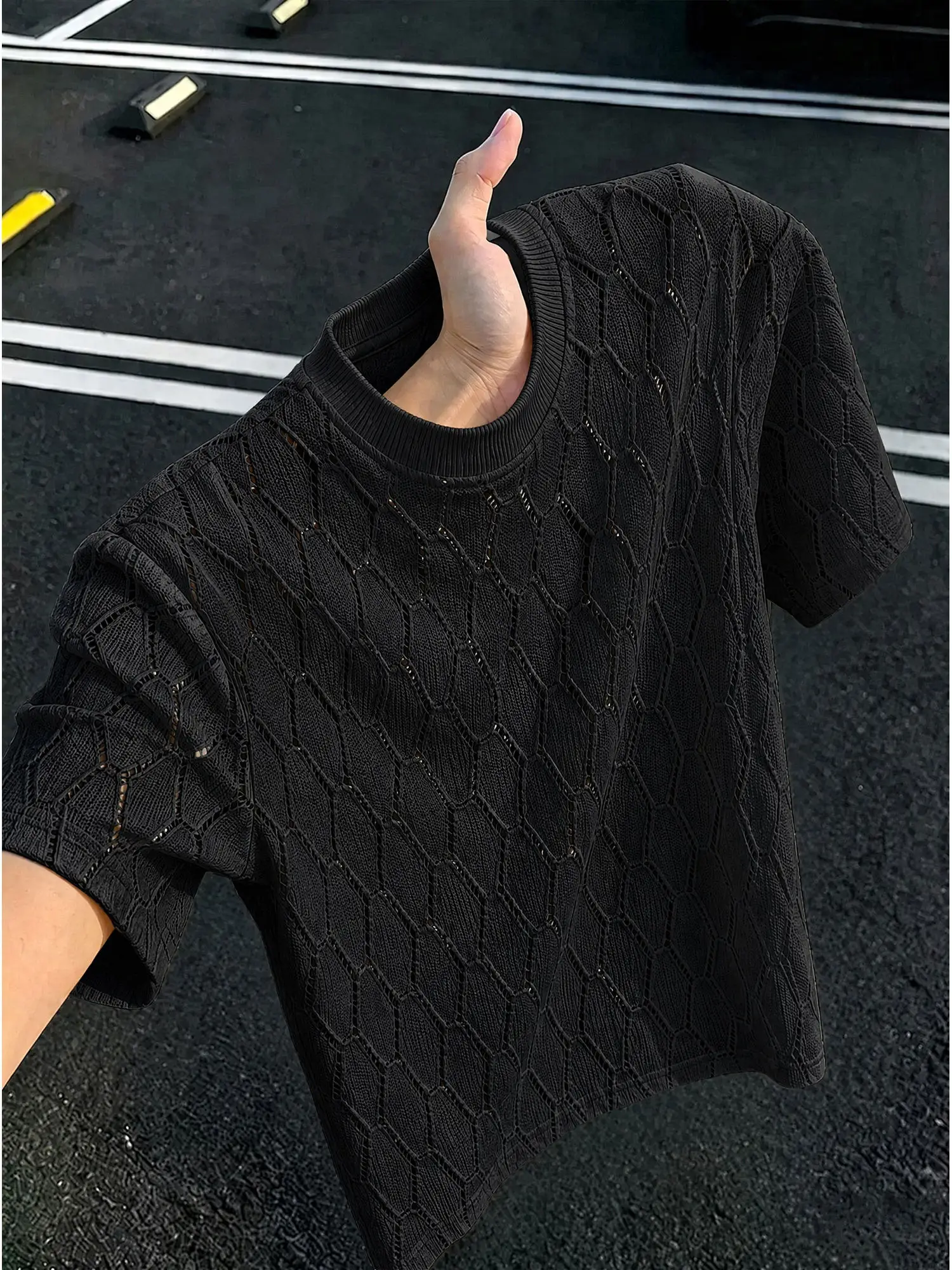White Diamond Pattern Hollow Knitted Short Sleeve Men's T-Shirt Breathable Textured Cool Design Unique Half Sleeve T-Shirt