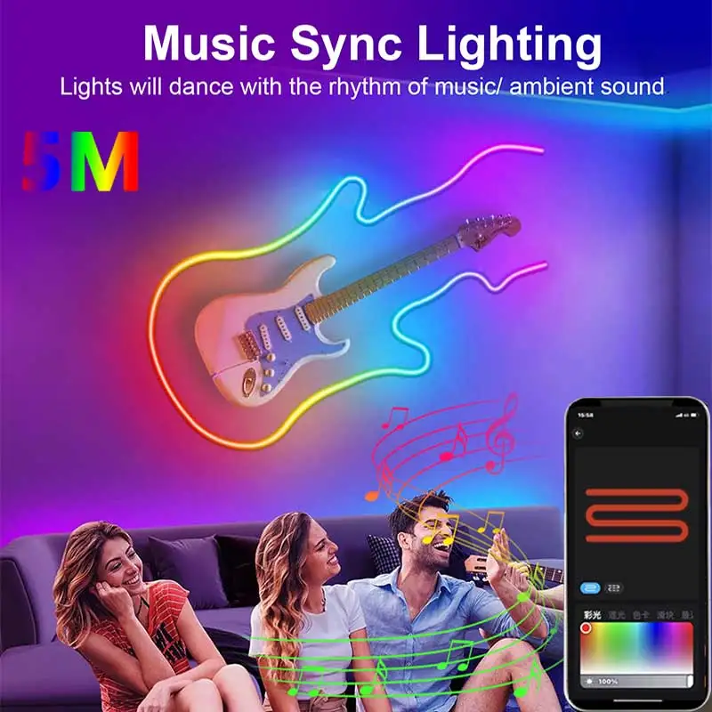 Imagem -05 - Multicolor Neon Led Light Strip Corda Luzes Música Sync Faça Você Mesmo App Rgb Cor Fita para Quarto Decoração da Parede 5v 1m 2m 3m 5m