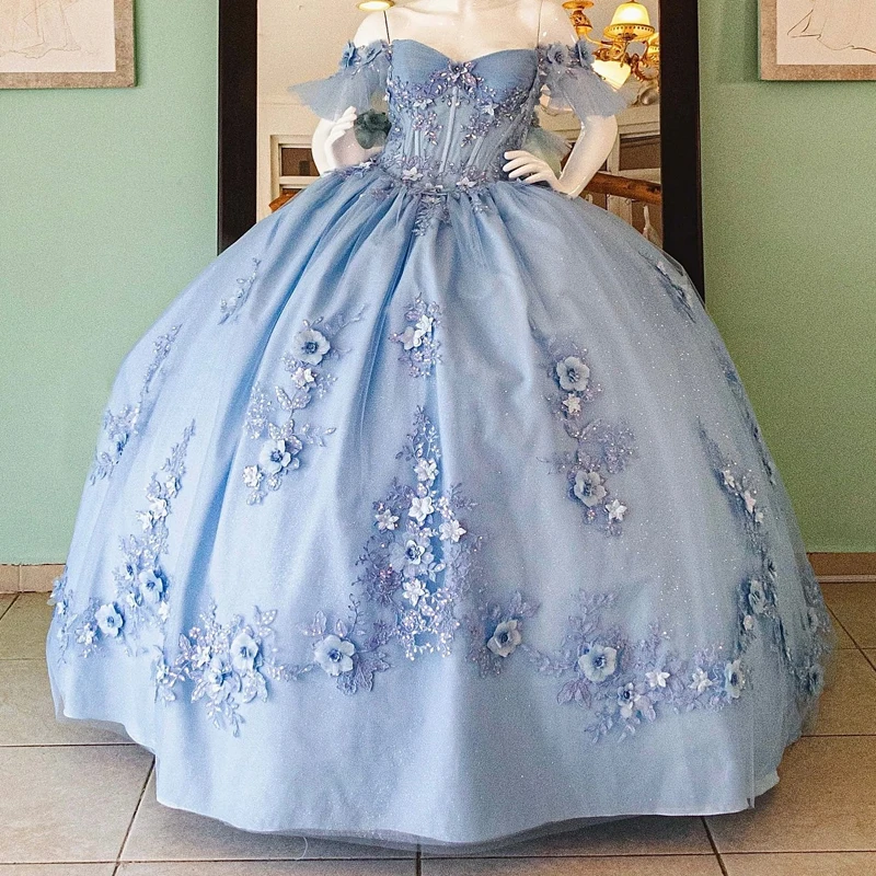 

Sky Blue Shiny Ball Gown for Women Quinceanera Dresses 3D Flowers Beads Appliques Tull Lacing Up Corset Vestidos 15 De XV Años