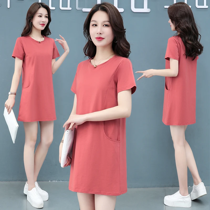 المرأة الجديدة عصرية ومتعددة الاستخدامات قصيرة الأكمام جولة الرقبة منتصف طول تي شيرت تنورة الإناث الصيف فستان رياضي فضفاض غير رسمي