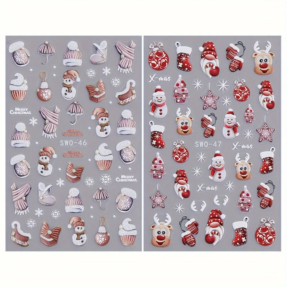 Festliche selbstklebende 3D-Nagelkunstaufkleber mit Weihnachtsmann, Rentier, Schneemann, matten Designs für Maniküre, Kunst und verschleißfest