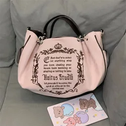 Y2K Women Pink Vintage Gothic Tote Bag Aesthetic Large Capacity Embroidery Letter Retro Ladies Grunge Chain Travel Shoulder Bags