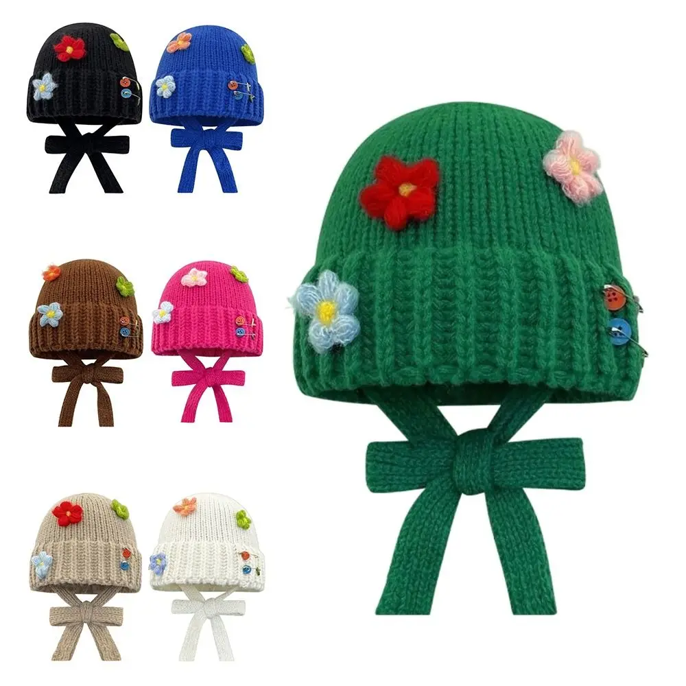 Sweet Ins Style Knitted Hat Flowers Keep Warm Pullover Hats Strap Design Thicken Beanies Cap Winter