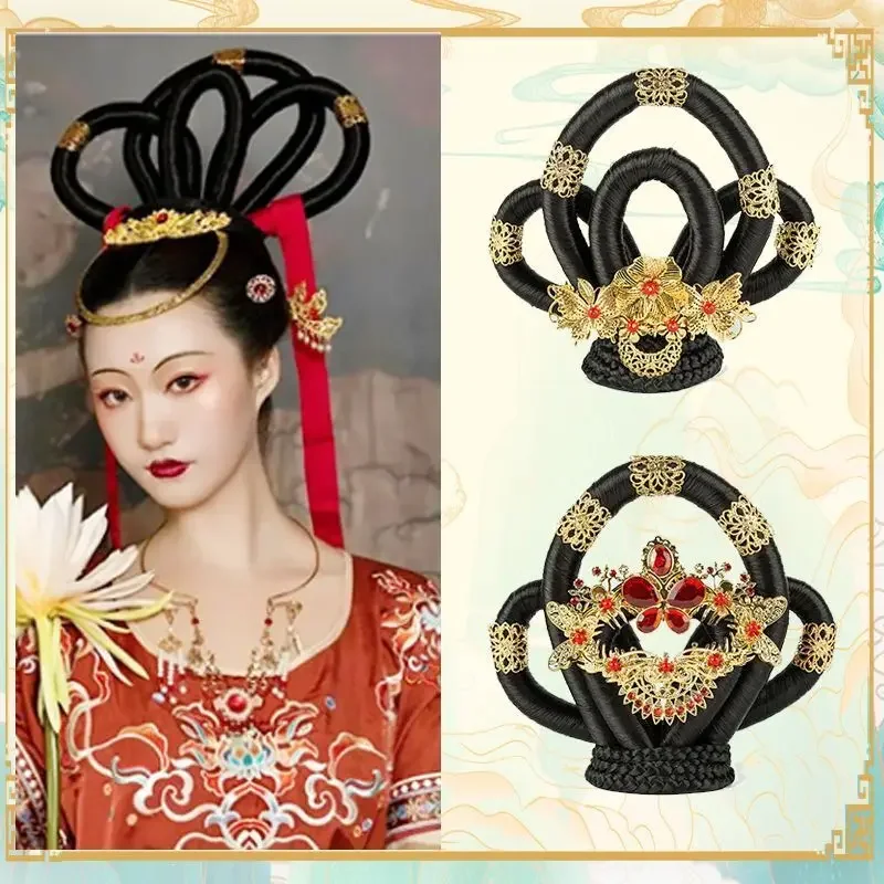 Antico Hanfu Puntelli Performance Mazzo Fata Volante Cos Chang'e Panino per capelli Dinastia Tang Spettacolo teatrale Parrucca Accessori per capelli
