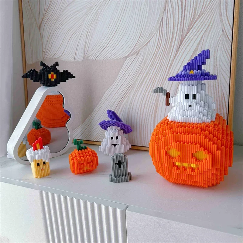 Halloween magische Baustein schwarze Katze Modell Spielzeug schrecklichen Kürbis 51cm montiert Mini Ziegel Figur für Home Store Dekoration