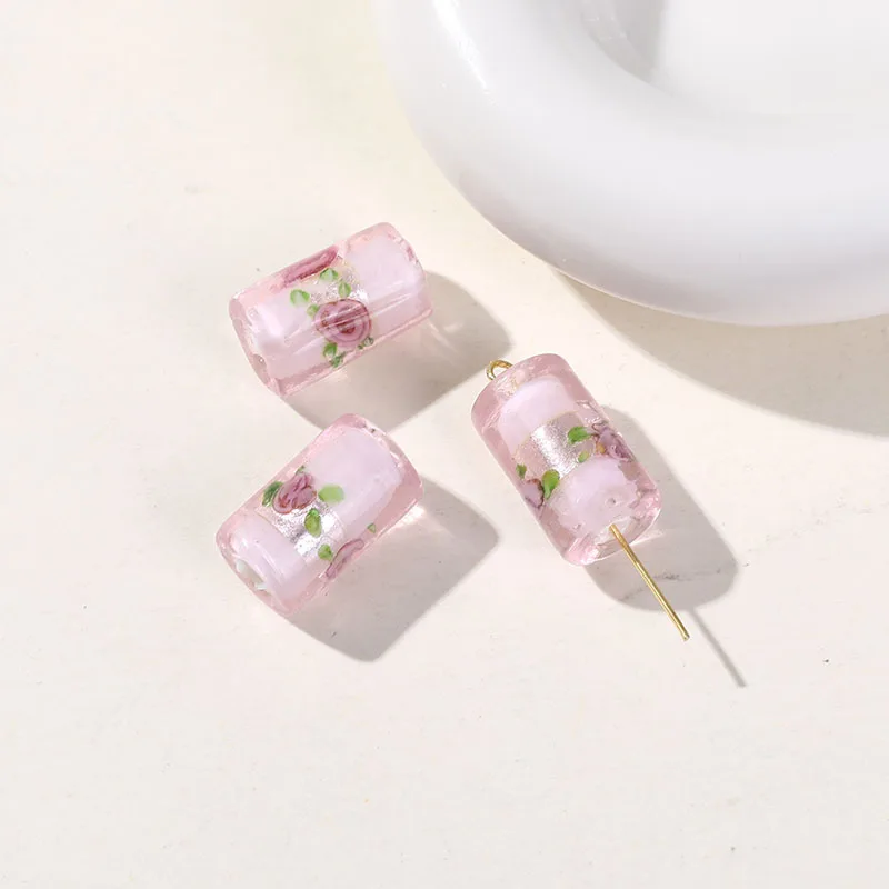 5pcs New 16X9mm Cylindrical Glaze  Beads Hand-Painted Flower Pattern Lampwork Glass beads for Making DIY Bracelet Earrings Jewel