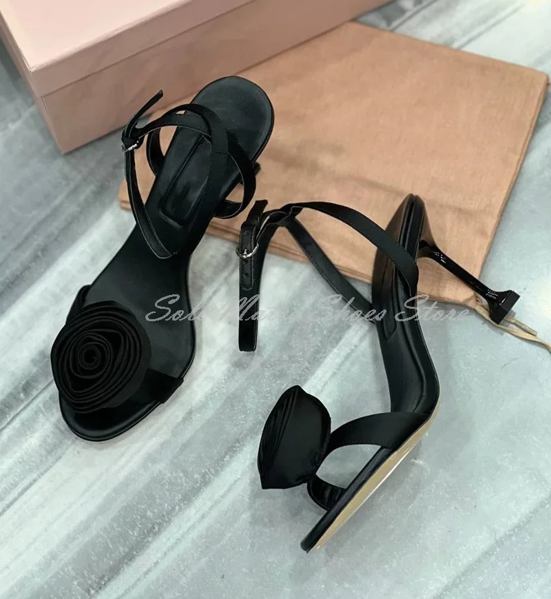 Stylish Pink Satin Stiletto Heel Sandals Hot Sale Rose Embellished Ankle Buckle Dress Shoes Party Formal Women's Wedding Shoes
