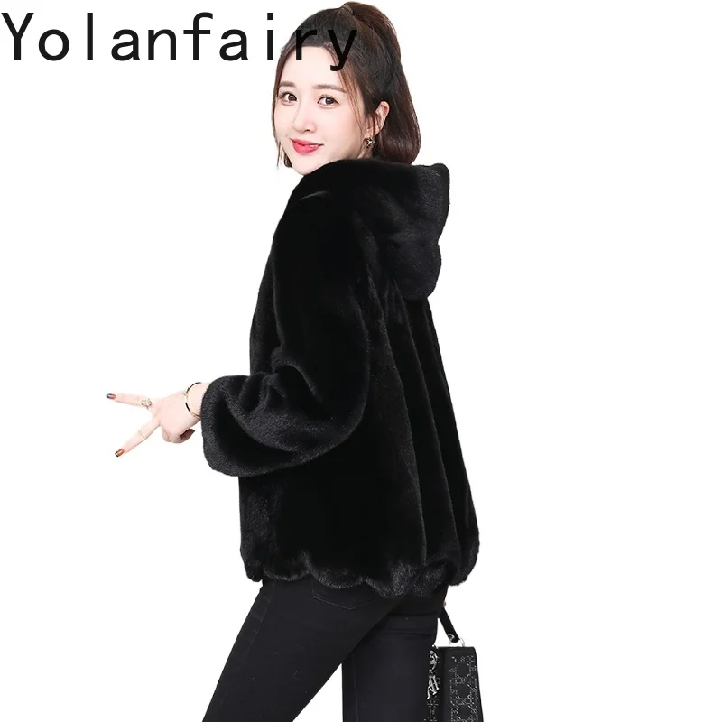 

YOLANFAIRY 2025 Autumn Winter Natural Fur Coat Woman Mink Jacket Short Outwears Whole Mink Fur Coats Hooded Black Fur Jackets