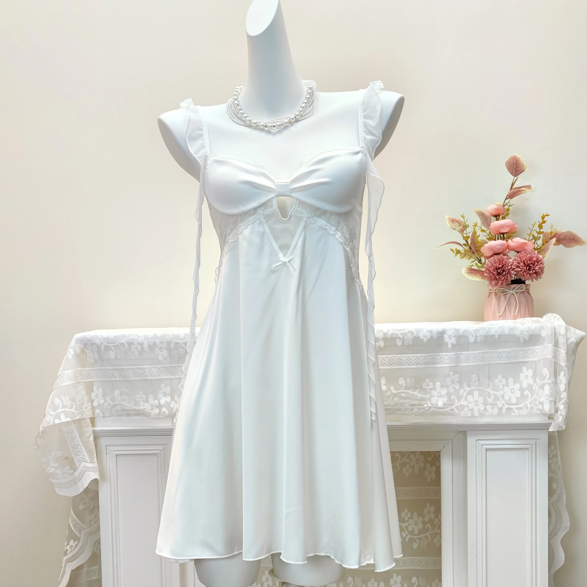 Sweet Ruffles Strap Nightdress Women French Court Style Satin Silky Nightwear Elegant Night Dress Woman Sleeveless Babydooll 6