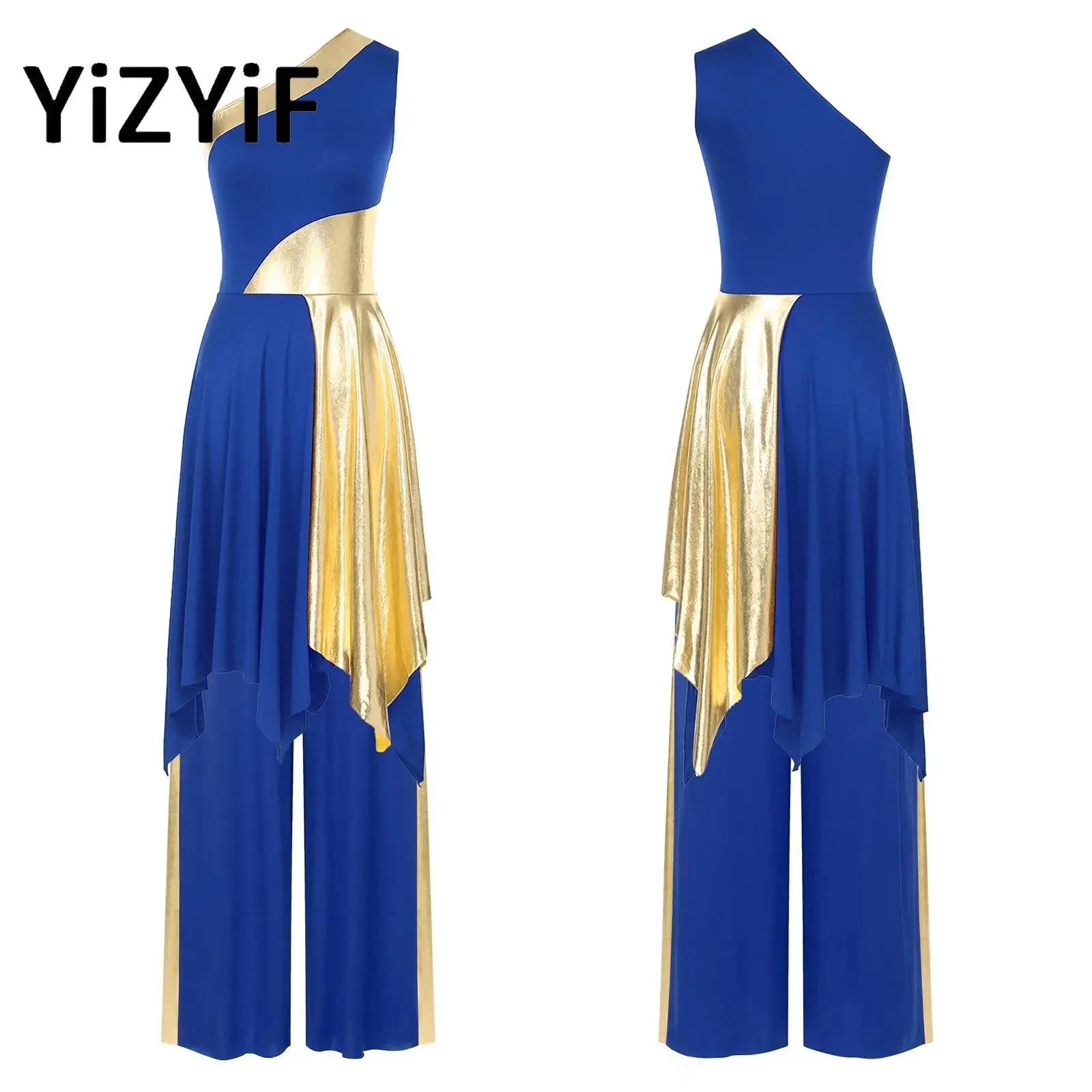 

Womens Worship Praise Dance Sets Color Block One Shoulder Irregular Hem Sleeveless Dress with Metallic Wide-Leg Pants