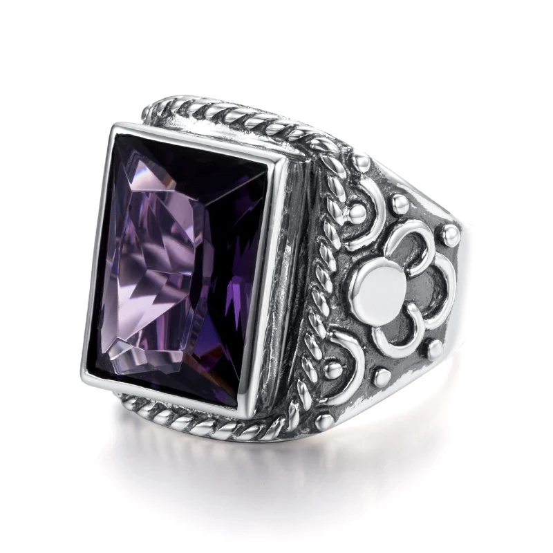 Unique 925 Sterling Silver Heavy Signet Rings Men's Massive Amethyst 12*16mm Stone Party Vintage Male Jewelry Gift For Husband