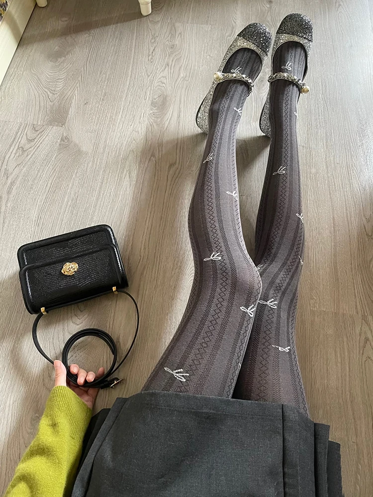 

New Autumn Insulated Vertical Stripe Tights Women Pantyhose Y2K Style Jacquard Color-Blocking Bow Stocking Fashion Leggings