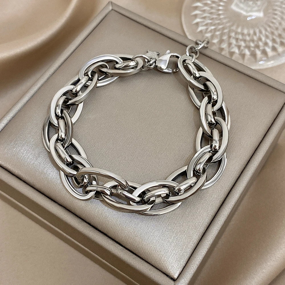 Unique Multilayer Stacked Circle Bracelet Fashion Silver Color Stainless Steel Thick Chain Bracelets Waterproof Jewelry