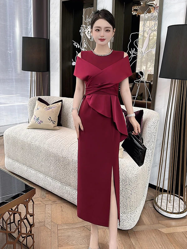 

Элегантное свадебное платье винного цвета с бриллиантовым воротником, приталенное, для беременных, больших размеров, весна-лето, длина в пол