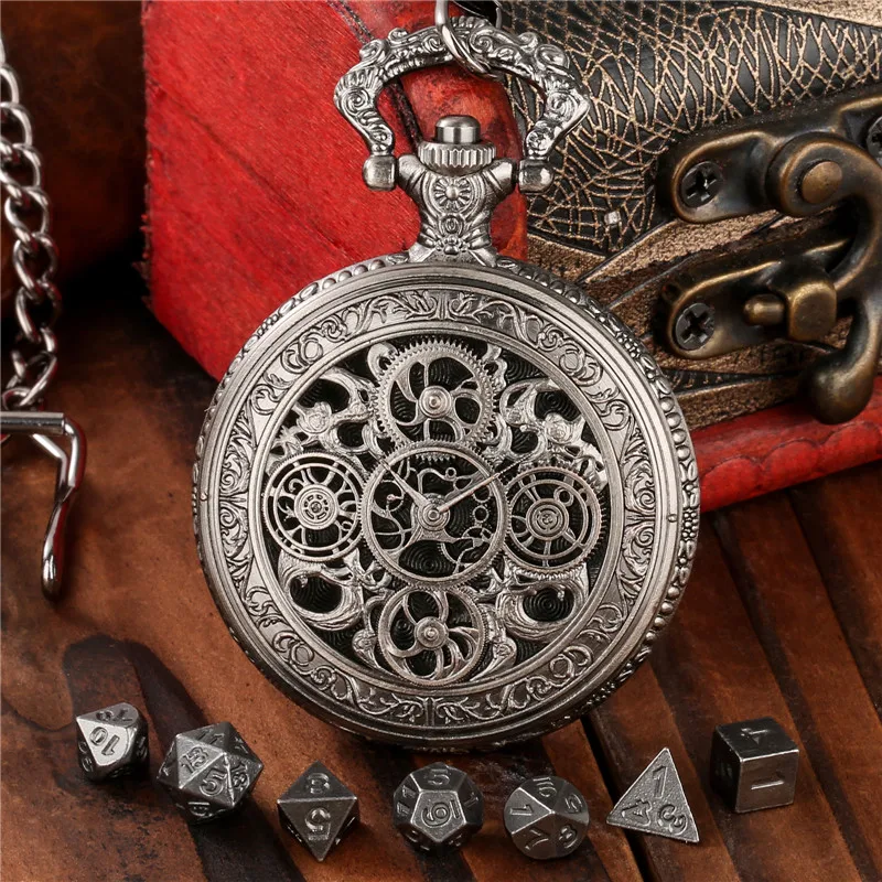 7pcs Metal Polyhedral Dice Set Entertainment Accessory for Role Play Gaming Antique Gear Pocket Watch Case Pendant Chain