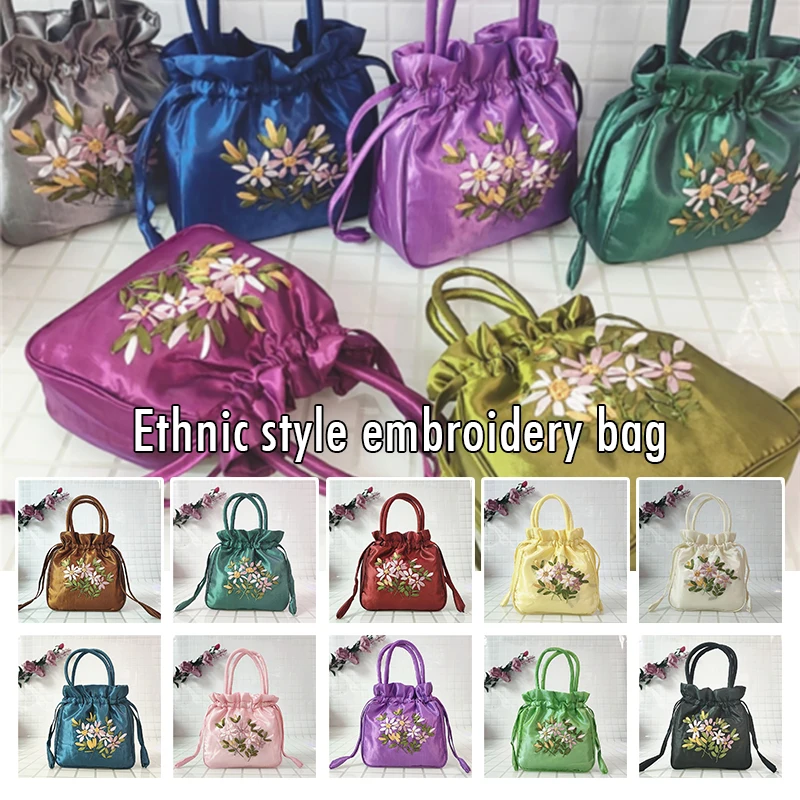 Ethnic Style Drawstring Bag Retro Women Chic Embroidered Floral Satin Handbag Girls Phone Tote Bag Kimono Hanfu Accessories