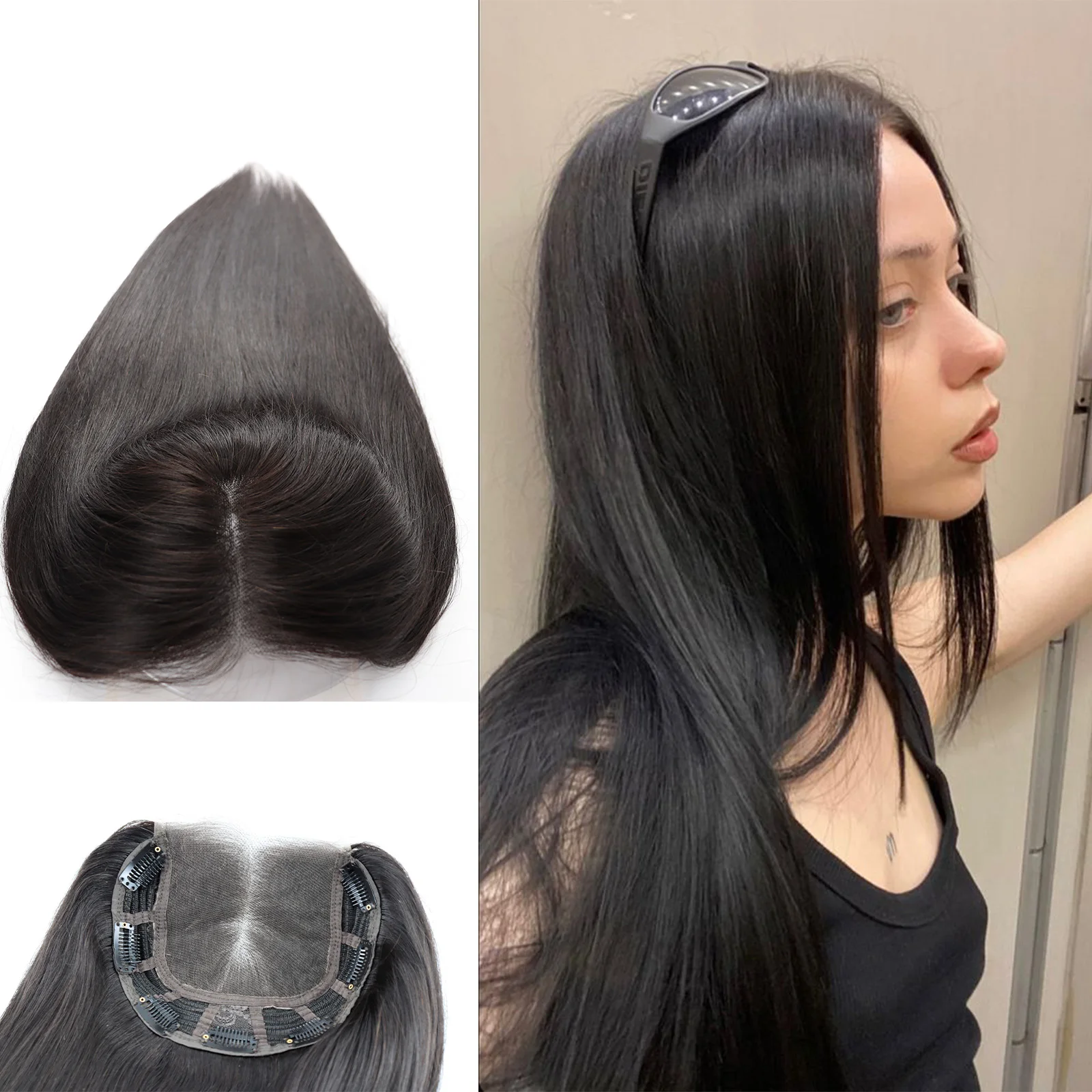 

Lace Closure Topper Real Remy Human Hair Lace Base Soft Light Breathable Weft Hairpiece with Clips in for Summer Wearing
