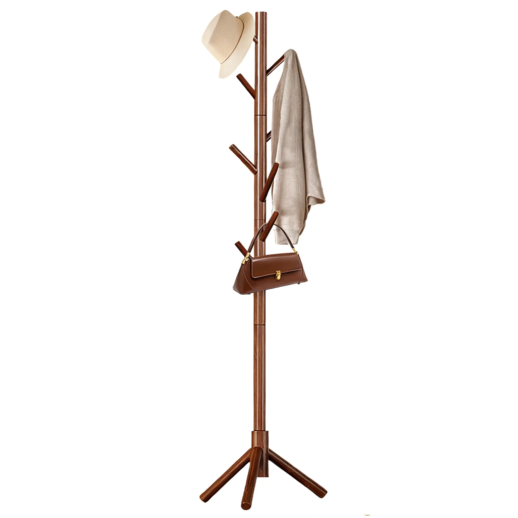 Wooden Coat Rack Stand with 8 Hooks  3 Adjustable Coat Standing Tree Easy Assembly for Coats, Hats, Scarves Handbags  Bedroom
