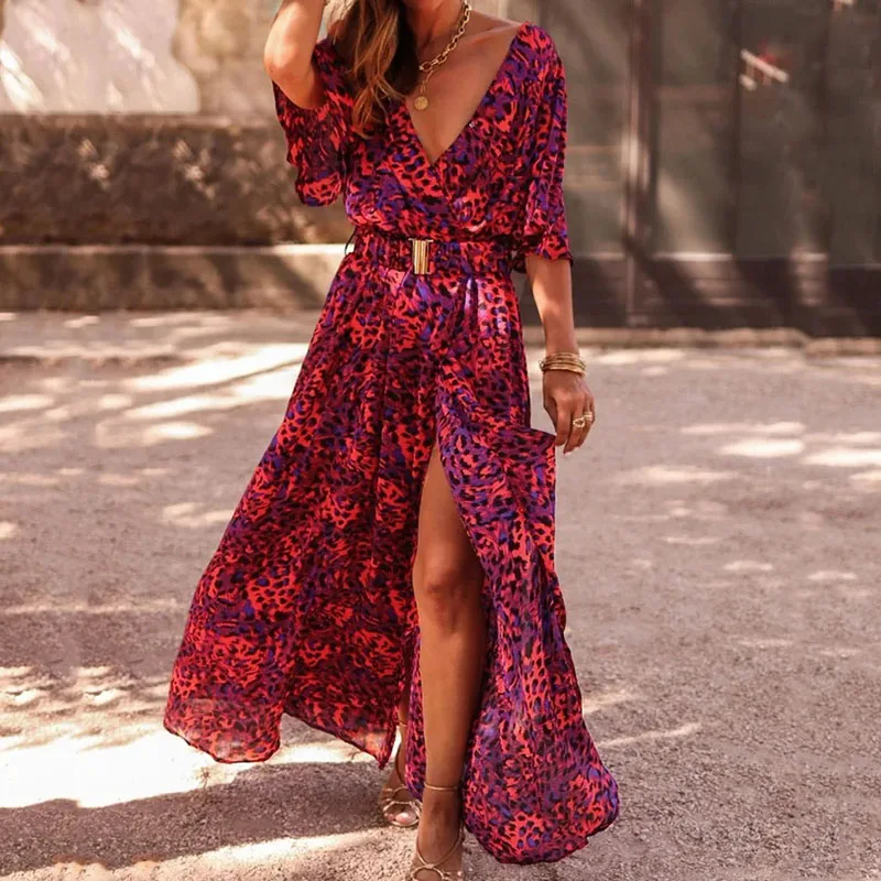 

Women Spring Holiday Beach Long Dresses Elegant Deep V Neck Half Sleeve Dress Fashion Casual Pattern Print Belt Slit Party Dress