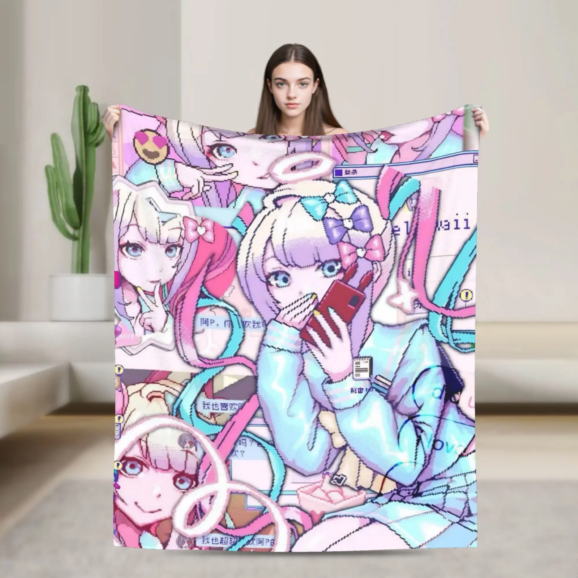 OMG kawaii Angel Blanket Fleece Spring Autumn Needy Girl Overdose Portable Super Warm Throw Blanket for Bed Office Bedspread
