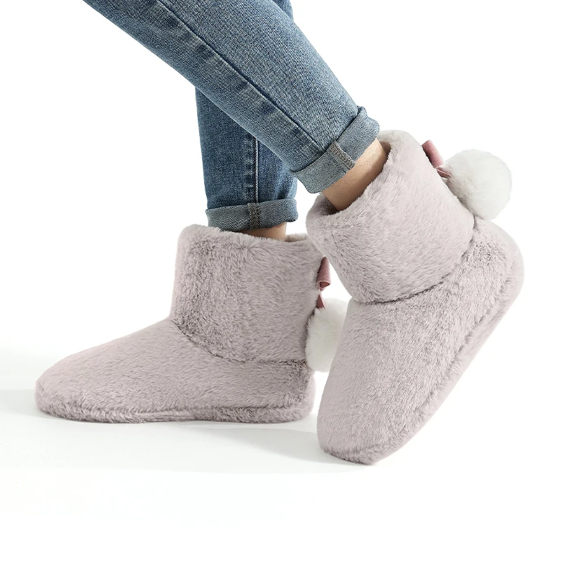 Cute Fuzzy Women Boots Winter Fluffy House Women Snow Boots Fashion Hairball Warm Women Shoes Soft Antiskid Flat Snow Boots