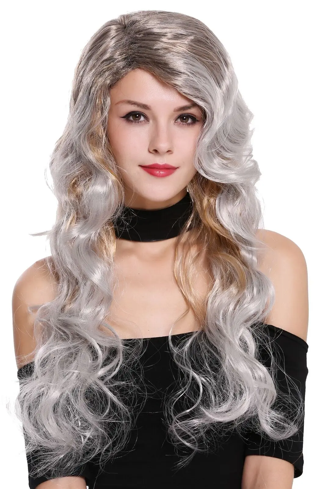 

Ladies Carnival Long Wild Extravagant Vamp Diva Blonde Black Gray Mix Wig Synthetic