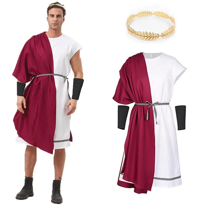

Halloween Medieval Cosplay Costume Greek Gods Romans Long Robe Belt Headwear Suit for Adult Men Carnival Party Role Play Outfit