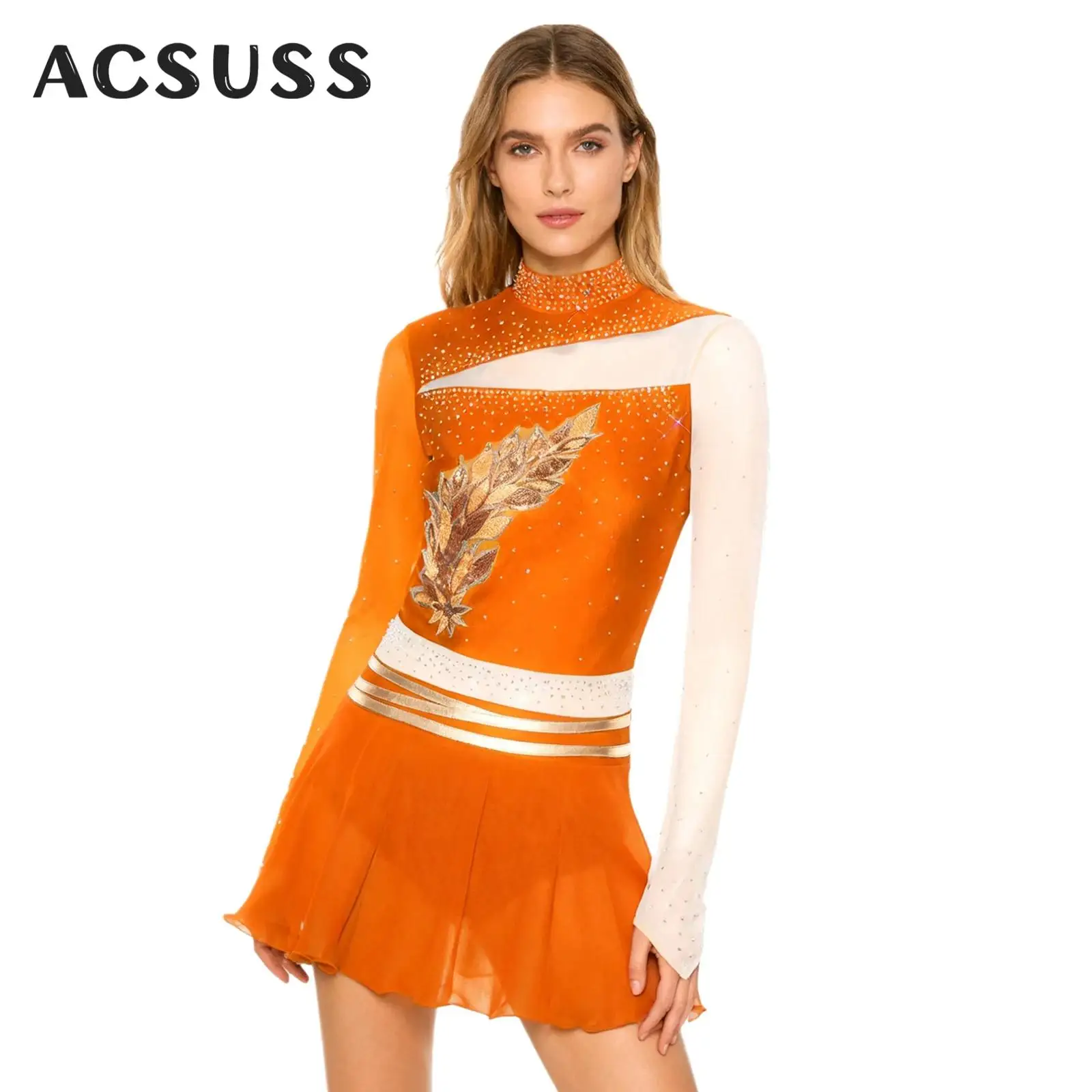 Vestido de baile de patinaje sobre hielo para mujer, apliques bordados, diamantes de imitación brillantes, manga larga, leotardo de gimnasia y Ballet, Ropa de baile tutú