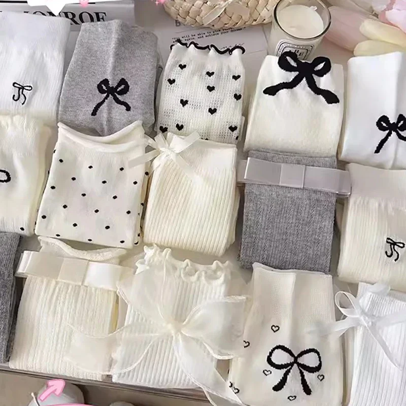 New Lolita Bow Socks White Bow Lace Socks Middle Tube Japanese College Style Princess Socks Sweet JK Streetwear Hosiery Stock