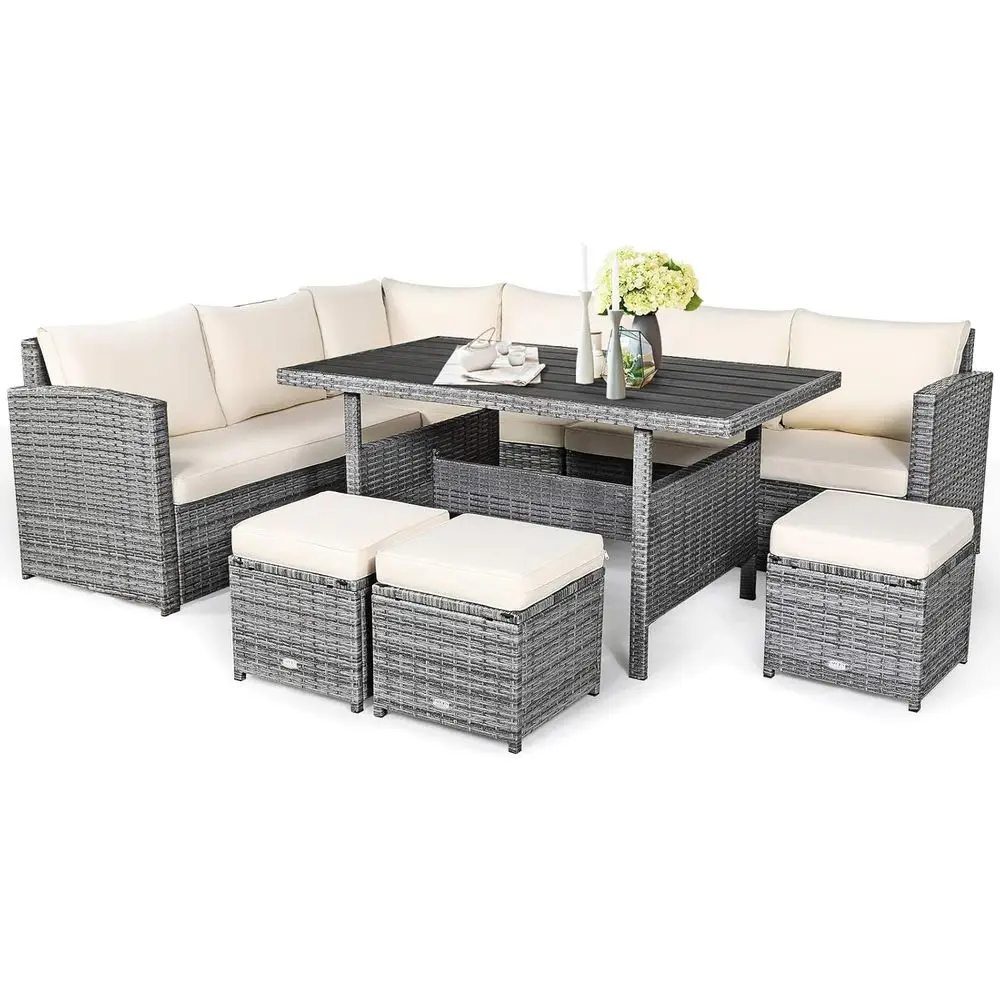 7-Piece Outdoor Wicker Sectional Set with Cushions for Patio, Garden, and Poolside in White