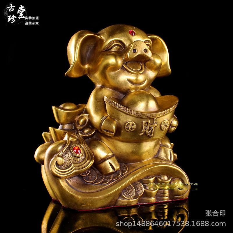 Copper Ornament, Yuanbao Ruyi Golden , Zodiac Pig, Home Entryway Metal Craft Gift