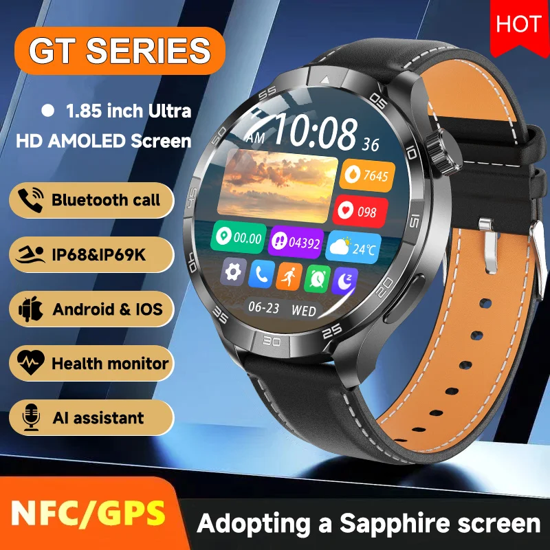 

2025 New GT Series Sapphire Smart Watch 1.85" HD AMOLED Screen GPS Tracker Compass NFC Bluetooth Call IP68 Waterproof Smartwatch