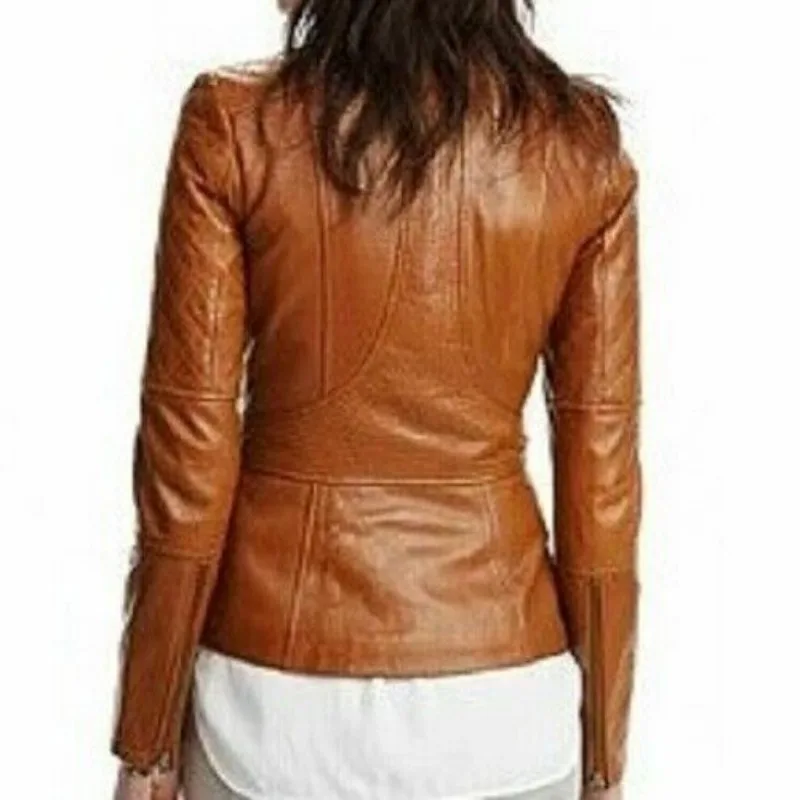 Coat Women Leather Jacket Genuine Lambskin Tan Biker Motorcycle Jacket