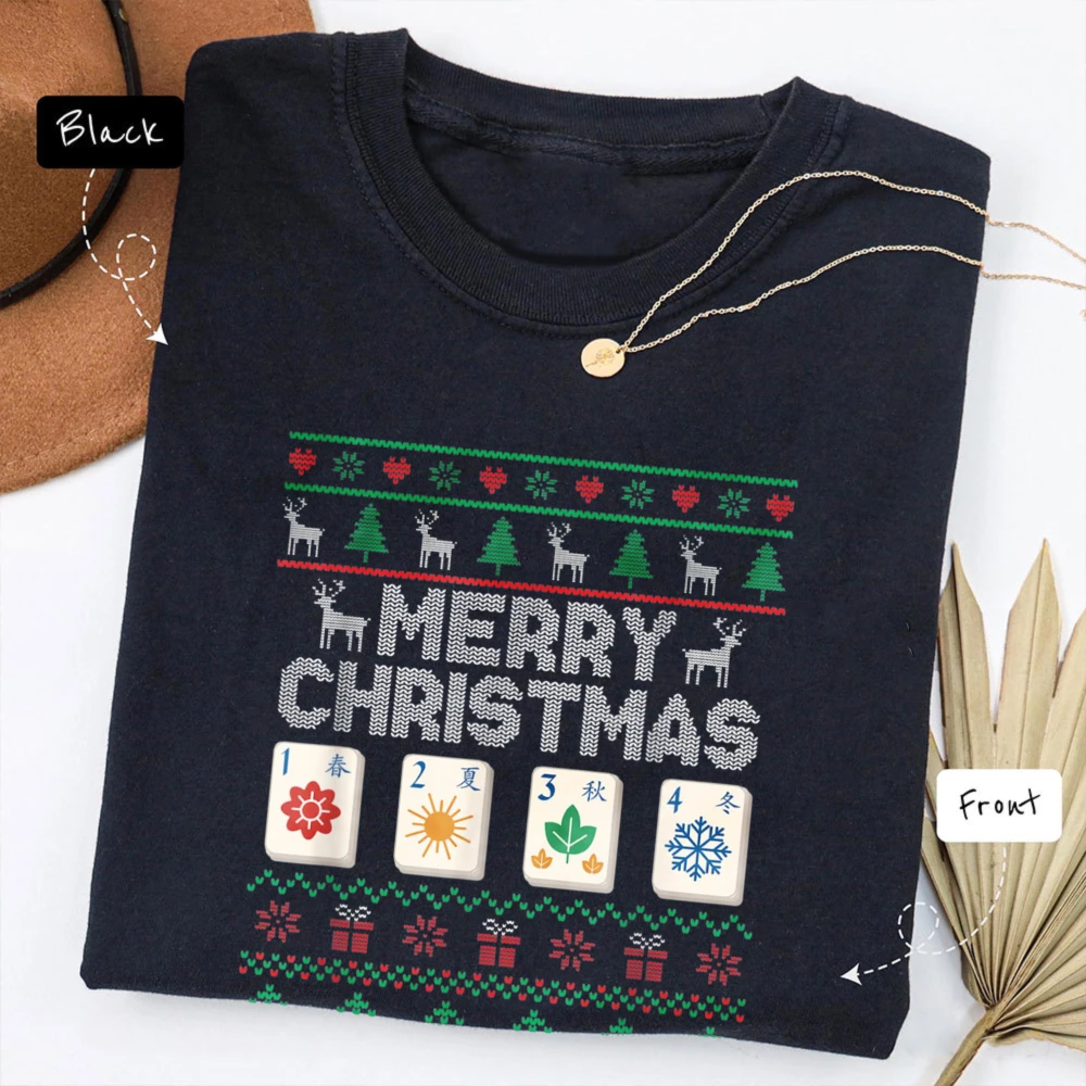 Xmas Merry Christmas Tile Game Mahjong Player Retirement T-Shirt Retro Christmas Unisex Fashion Top Mahjong Club Cotton T Shirt