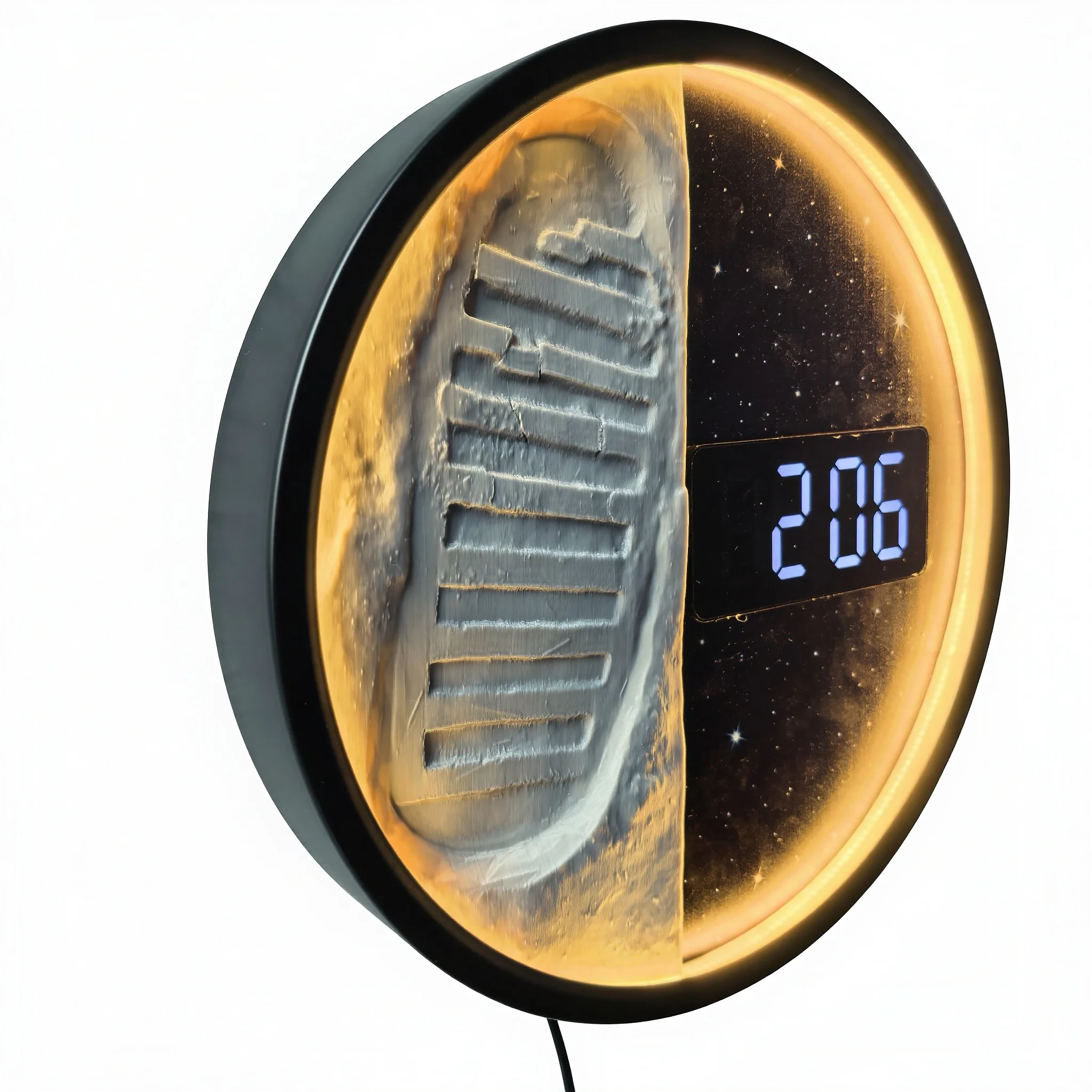 3D The First Step on The Moon Metal Frame LED Gentle Glow Digital Wall Clock Starry Sky Moon Footprint Decorative Lighting Clock