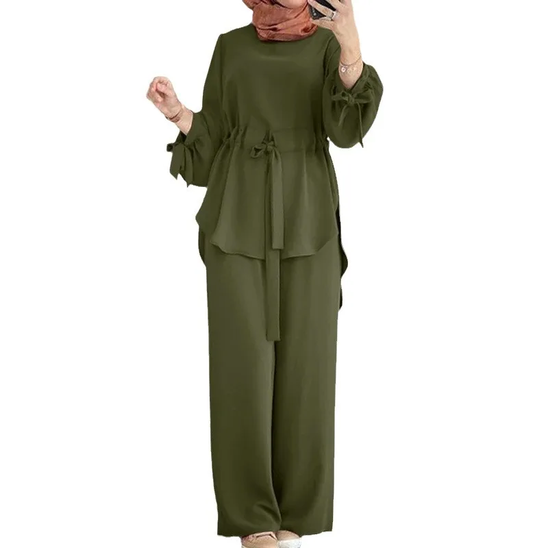 Eid Muslim Outfits Women Shirt Sashes Wide Leg Pants Suit Ramadan Morocco Dubai Islam 2 Piece Set Arab Jalabiya Modest Ensemble