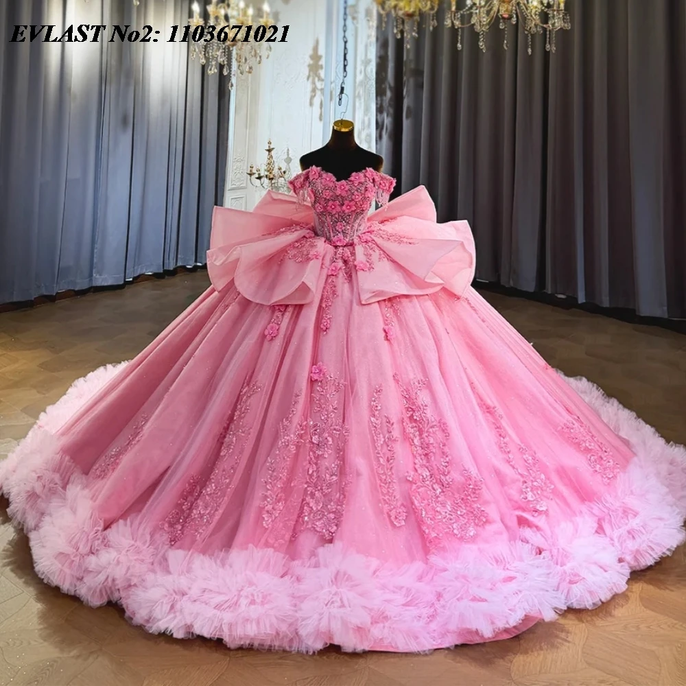 EVLAST Customized Glitter Pink Quinceanera Dress Floral Lace Applique Beading Mexican Sweet 16 Party Vestidos De 15 Anos E2QA655