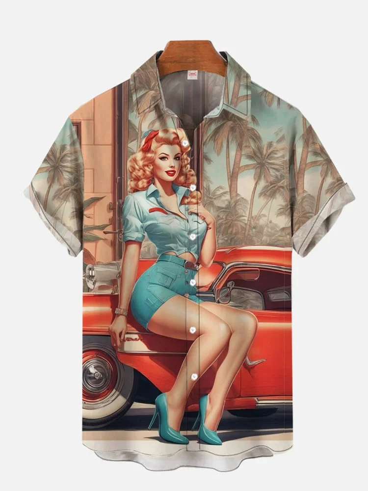 1980s Vintage Pin Up Girl Poster Sexy Girls Blonde Beauty 3D Print Men\'s Short Sleeve Shirts For Men Fashion Hawaiian Shirts