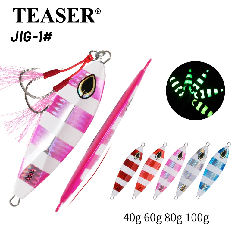 

TEASER J1 40g 60g 80g 100g Luminous Hard Slow Sinking Jigging Metal Bait Saltwater Long Casting Fishing Jig Lure With Hooks
