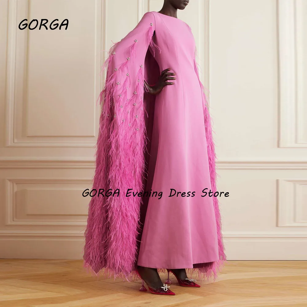 GORGA Pink Crepe O-Neck Mermaid 2024Slim Backless Beading Feathers Cope Ocassion Gown Floor-Length Evening Dressفستان سهرة نسائي