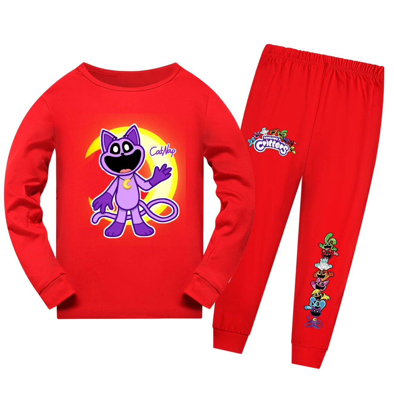 Kids Smiling Critters Cartoon Catnap Pyjama Costume Catnap Print Girls Boys Long Sleeve TShirt + Pants 2pcs Sets Casual Pajamas