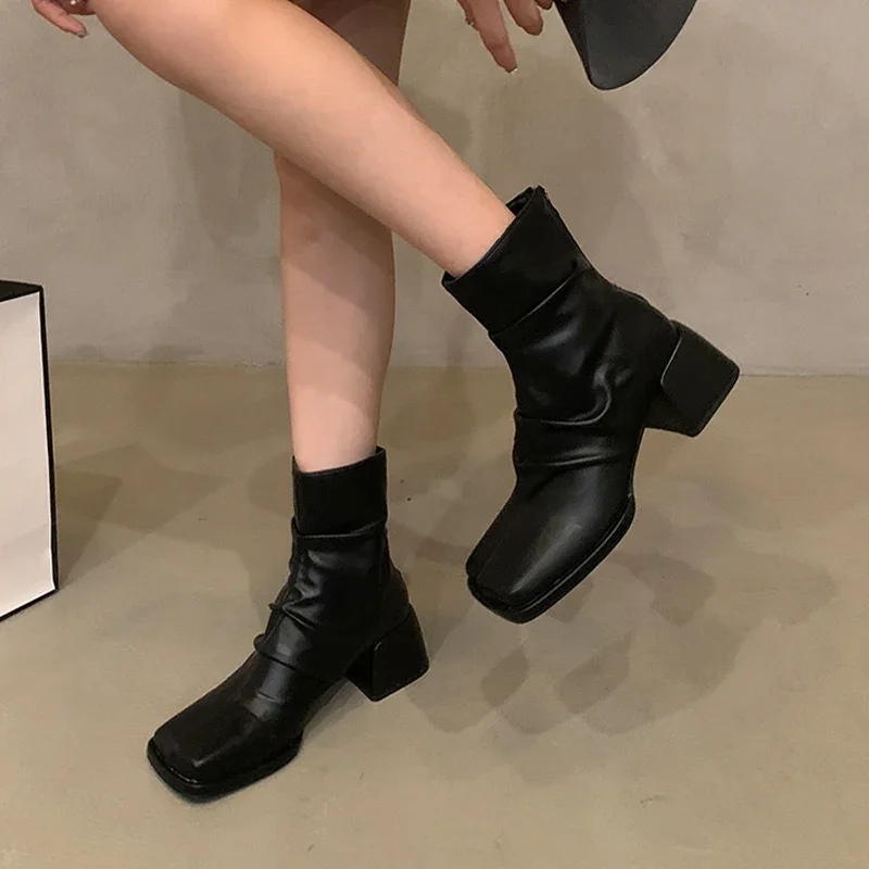 Square Toe Chelsea Ankle Boots Women High Heels Shoes Designer New Chunky Gladiator Shoes 2024 Autumn Punk Pumps Mujer Booties