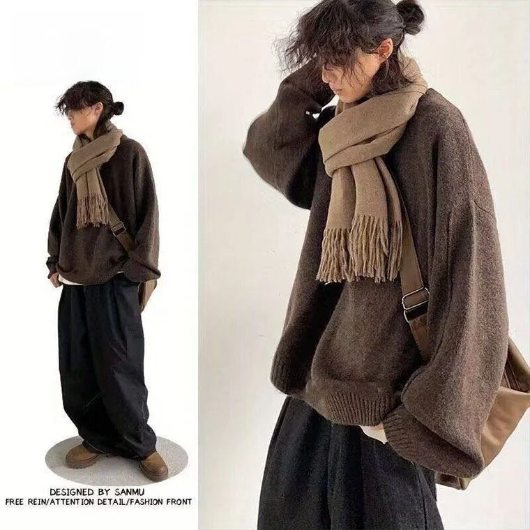 

Ретро-японский вязаный свитер унисекс свободного кроя для осени и зимы, простой базовый слой, мужской и женский, в студенческом стиле