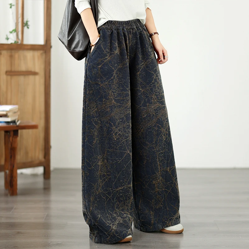 Floral Embroidered Fleece Wide Leg Jeans Elastic Loose Slimming Casual Versatile High Waist Long Pants Metal Thread Denim