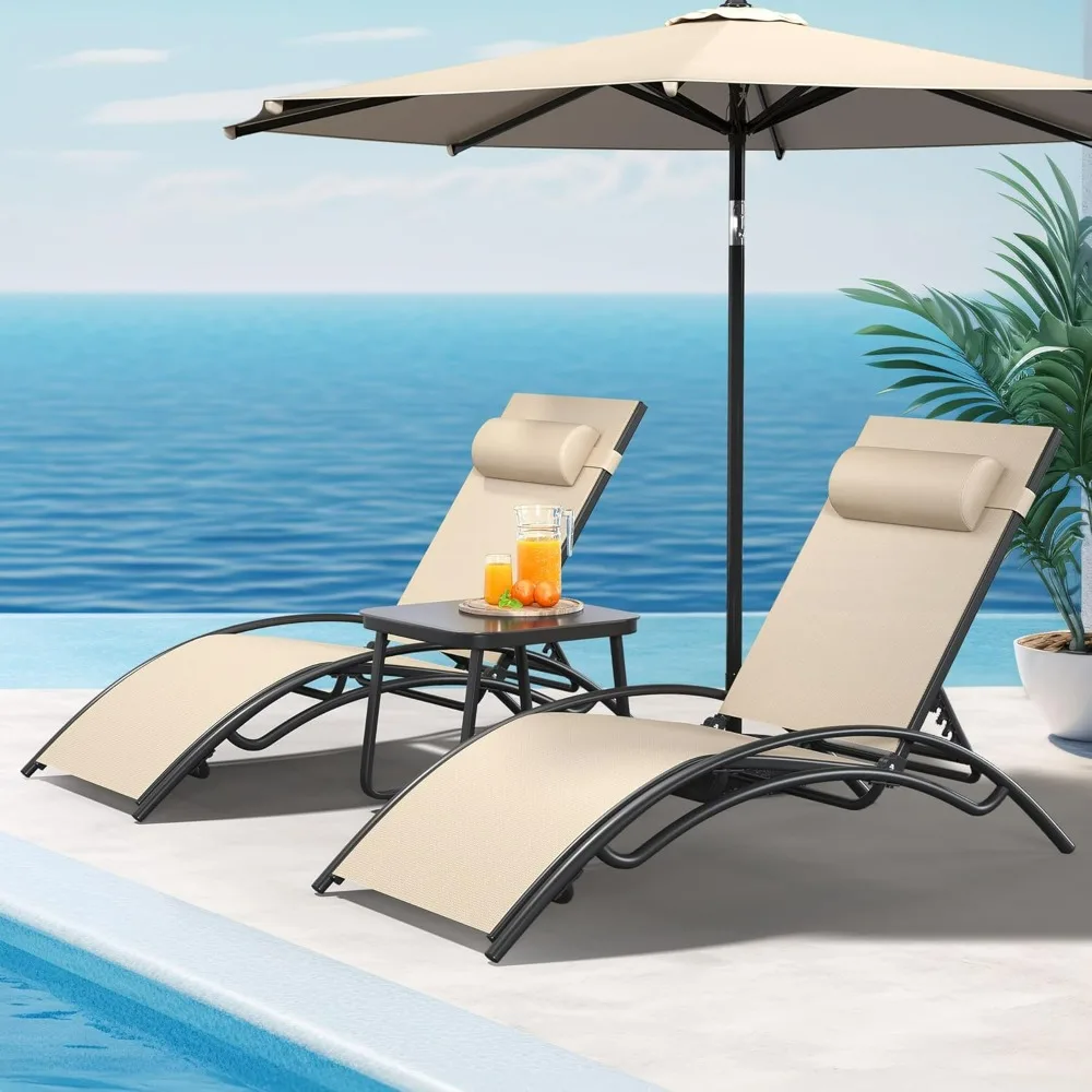 

Outdoor Chaise Lounge Chair Set of 3, Pool Lounge Chairs with Side Table & 5-Position Adjustable Backrest, Sunbathing Recliner