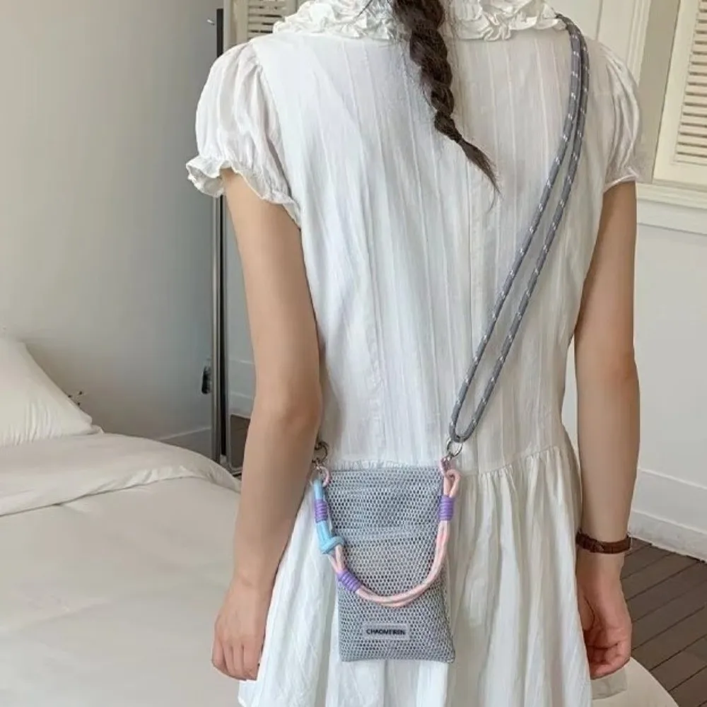Colorful Braided Strap Mesh Crossbody Bag Small Size Portable Mini Phone Bag Candy Color Lightweight Mobile Phone Pouch view 2