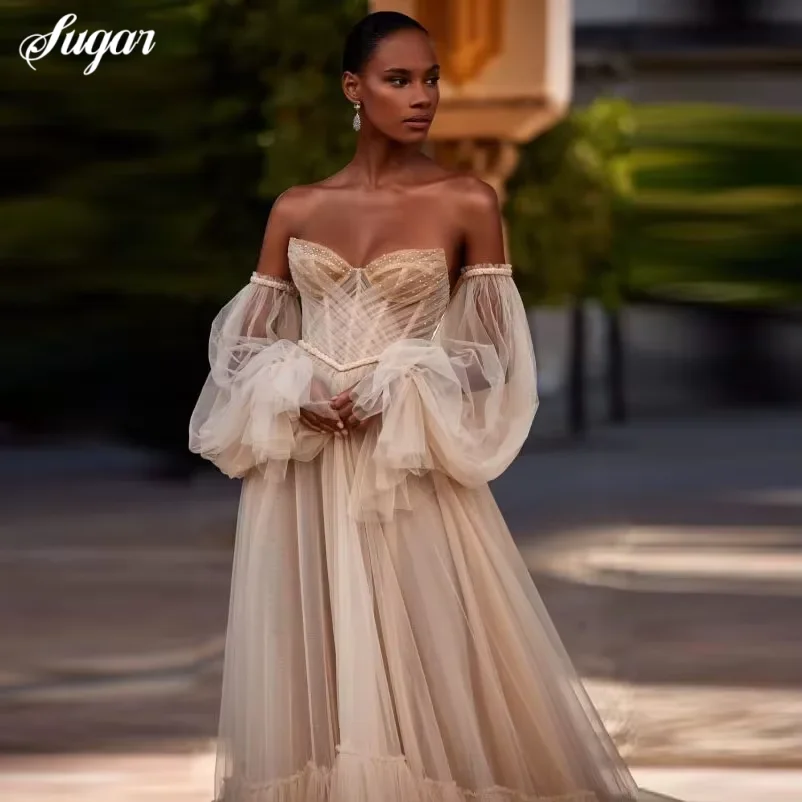 Graziosi abiti da ballo con scollo a cuore in tulle con perline Abito lungo a trapezio personalizzato Moda Boho per abiti da donna per maniche lussureggianti da sposa